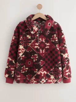 Hoody's En Sweatshirts*Next - Jacquard Teddy Borg Quarter Zip Fleece Sweatshirt Bordeauxrood gebloemd