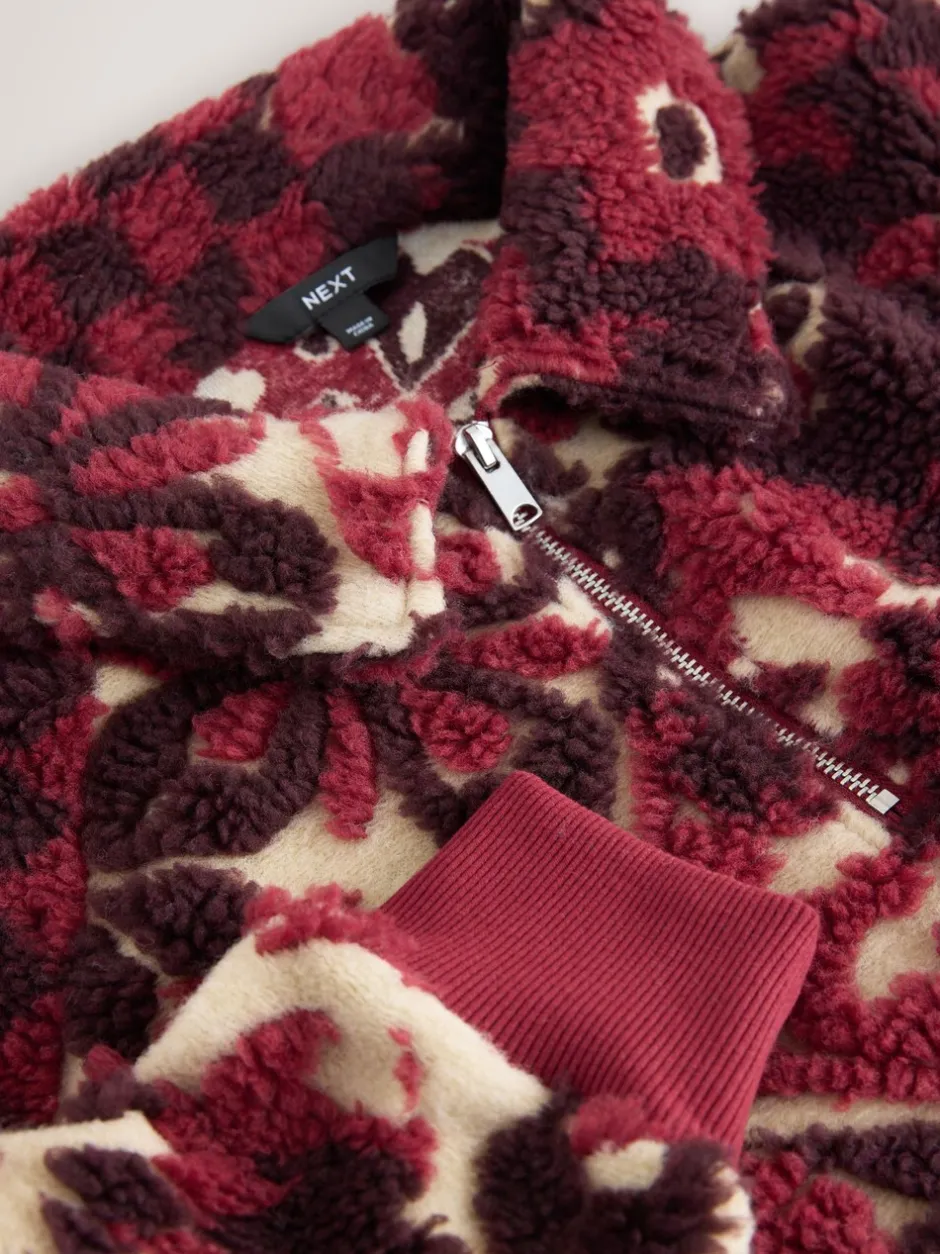 Hoody's En Sweatshirts*Next - Jacquard Teddy Borg Quarter Zip Fleece Sweatshirt Bordeauxrood gebloemd