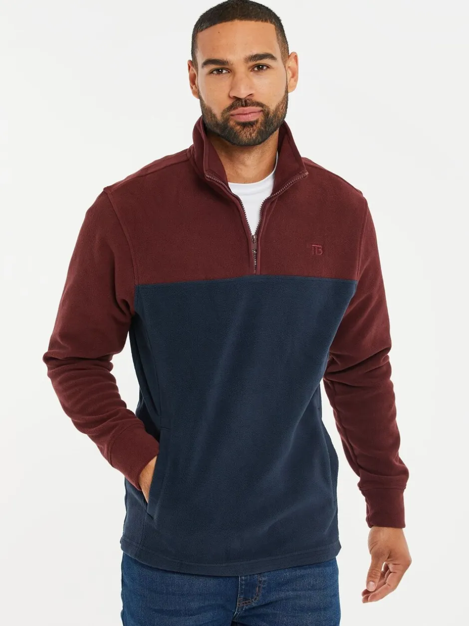 Sweaters En Hoody´S|Sweaters En Hoody´S*Threadbare Bordeauxrood/marineblauw - tweekleurige fleece sweatshirt met kwartrits