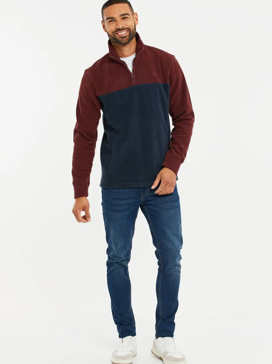 Sweaters En Hoody´S|Sweaters En Hoody´S*Threadbare Bordeauxrood/marineblauw - tweekleurige fleece sweatshirt met kwartrits