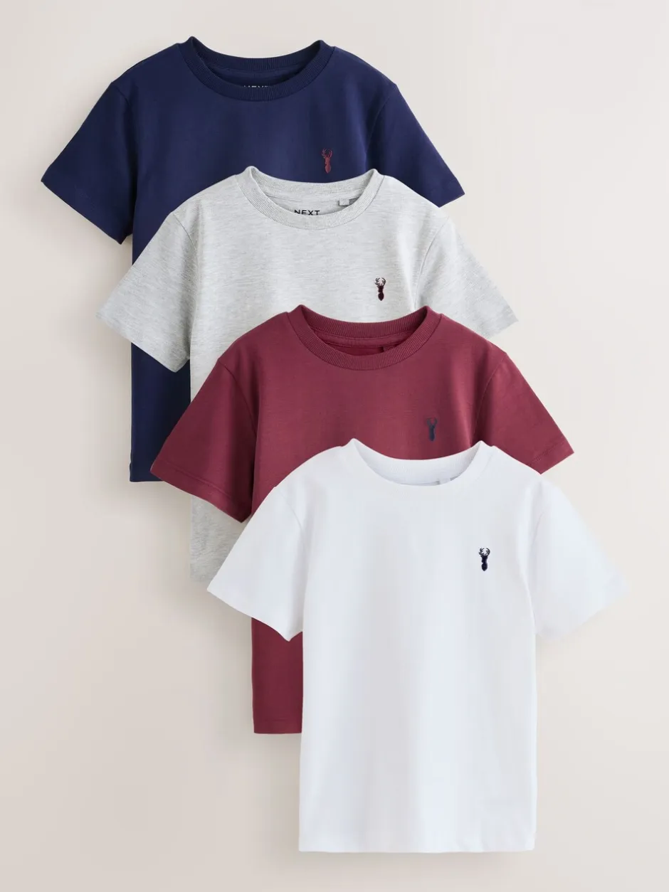 T-Shirts|Tops|Next Bordeauxrood/wit - T-shirts met korte mouwen en geborduurd rendier, verpakking van 4 (3-16jr)