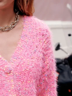 Gebreide Kleding|Next - Fuzzy Texture V-Neck Cardigan Bright Pink Neppy