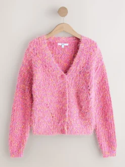 Gebreide Kleding|Next - Fuzzy Texture V-Neck Cardigan Bright Pink Neppy