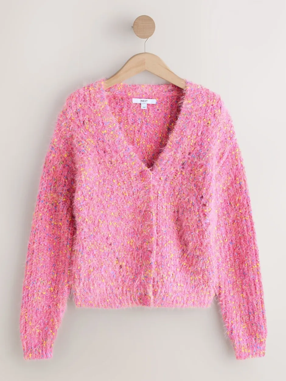 Gebreide Kleding|Next - Fuzzy Texture V-Neck Cardigan Bright Pink Neppy