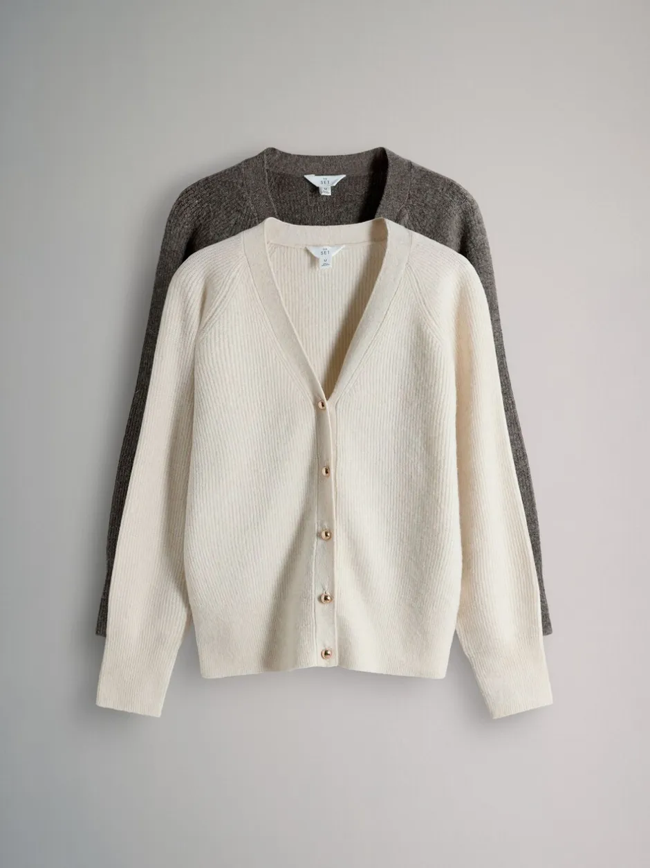 Gebreide Kleding|The Set - 2 Pack Chunky Rib Knitted Cardigans With Wool Brown Marl/Cream