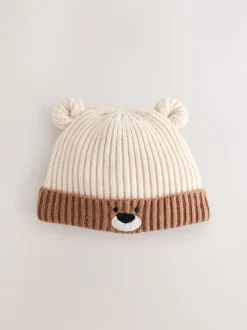 Mutsjes En Antikrabwantjes|Mutsen, Handschoenen En Sjaals*Next Bruin - Bear Face geribbelde Baby Muts (0mnd -2jr)