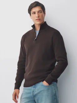 Gebreide Kleding*Next Bruin - Effen - Regular fit 100% katoenen premium trui met korte rits