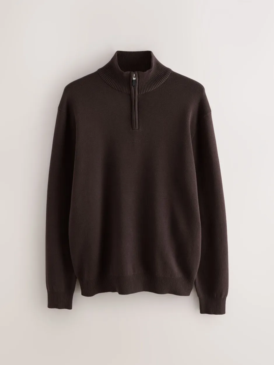 Gebreide Kleding*Next Bruin - Effen - Regular fit 100% katoenen premium trui met korte rits