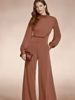 Jumpsuits En Playsuits|Hot Squash - HotSquash jumpsuit met wijde pijpen en blousonmouwen Bruin