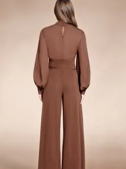 Jumpsuits En Playsuits|Hot Squash - HotSquash jumpsuit met wijde pijpen en blousonmouwen Bruin