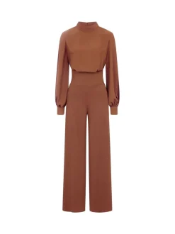 Jumpsuits En Playsuits|Hot Squash - HotSquash jumpsuit met wijde pijpen en blousonmouwen Bruin