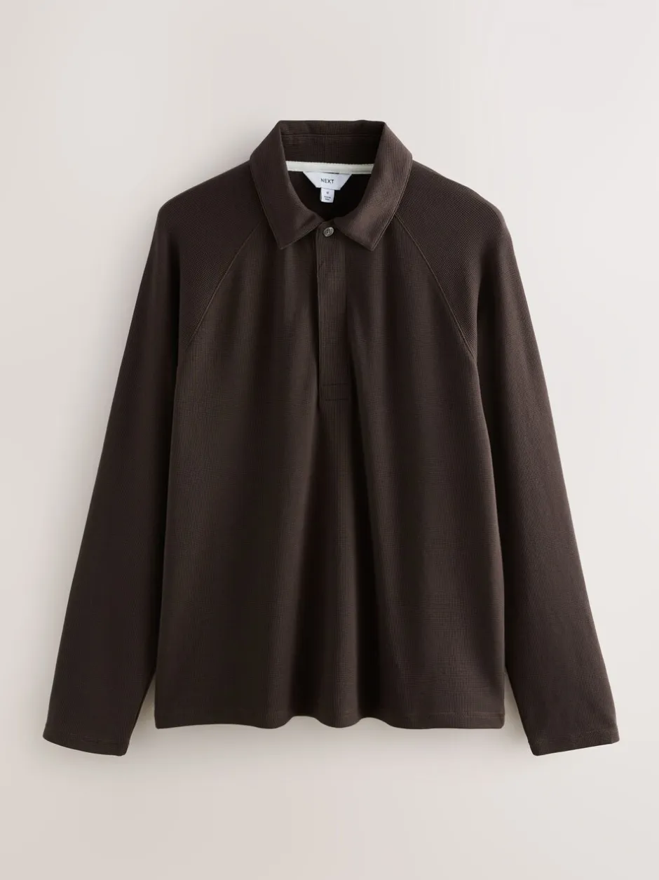Poloshirts|Next - Lange mouwen - Polo met lange mouwen en wafeltextuur Bruin