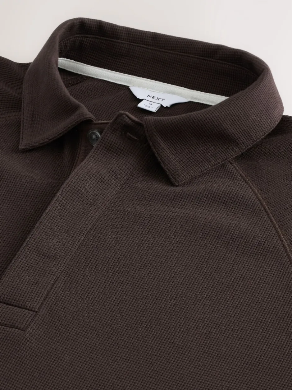 Poloshirts|Next - Lange mouwen - Polo met lange mouwen en wafeltextuur Bruin