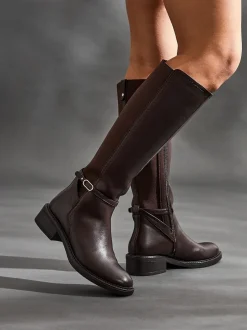 Boots|Linzi - Power High Leg Boots With Stretch Side Panel and Buckle Detail Bruin