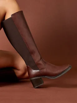 Boots|Linzi - Reason Block Heel High Leg Boots With Back Stretch Panel Bruin