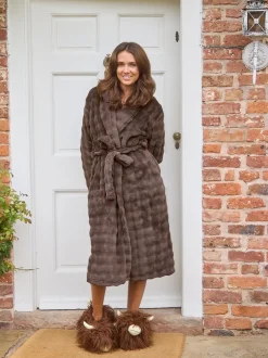 Badjassen|Loungeable - Bubble Cut Fleece Shawl Collar Midi Dressing Gown Bruin