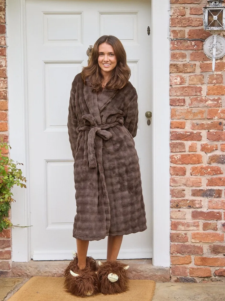 Badjassen|Loungeable - Bubble Cut Fleece Shawl Collar Midi Dressing Gown Bruin