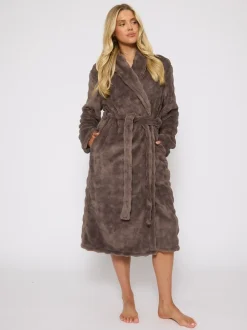 Badjassen|Loungeable - Bubble Cut Fleece Shawl Collar Midi Dressing Gown Bruin