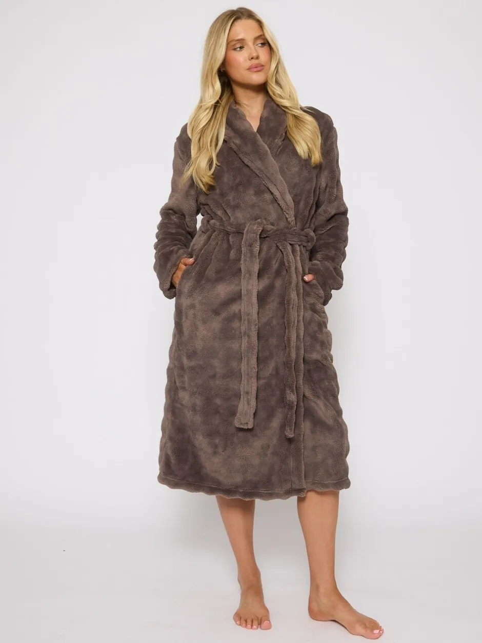 Badjassen|Loungeable - Bubble Cut Fleece Shawl Collar Midi Dressing Gown Bruin