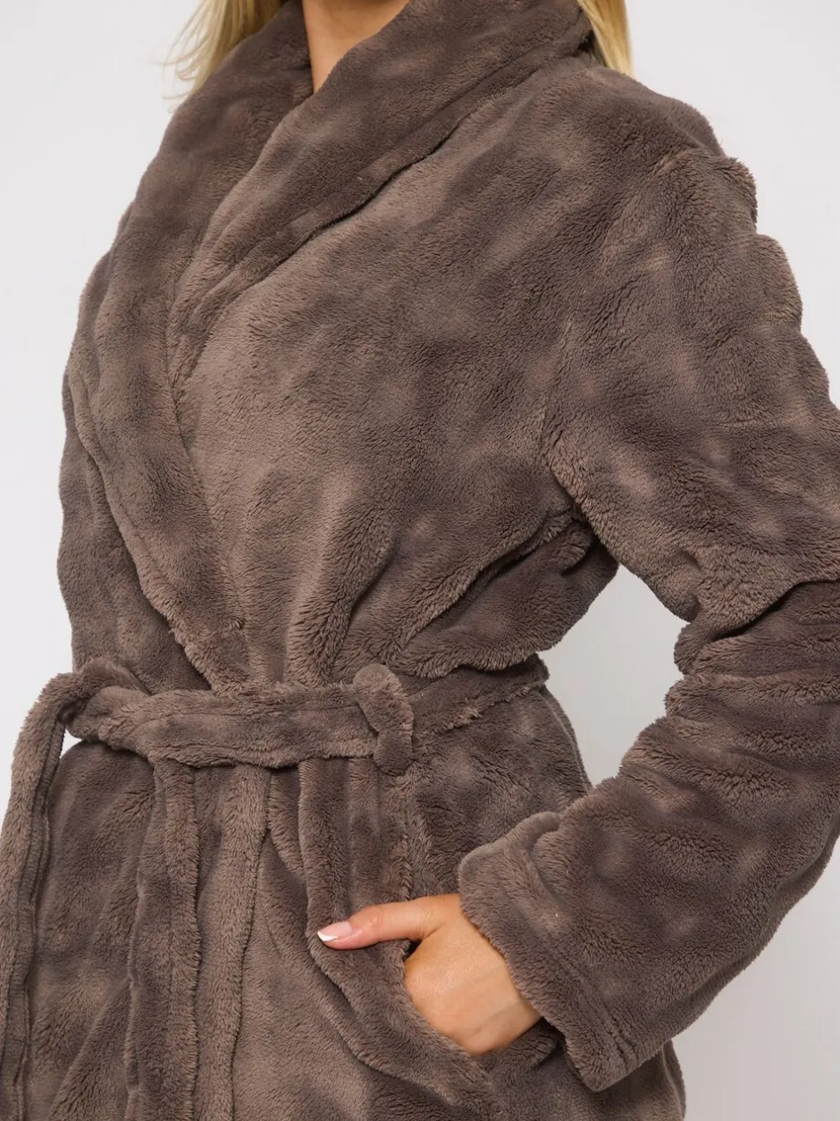 Badjassen|Loungeable - Bubble Cut Fleece Shawl Collar Midi Dressing Gown Bruin