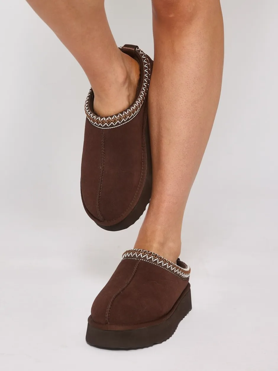 Pantoffels*Loungeable - Platform Real Sheepskin Lined Braided Mules Bruin