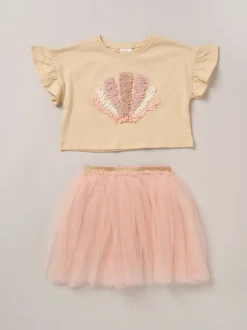 Shorts En Rokken|Miss - Cropped Printed T-Shirt and Skirt Outfit Set Bruin