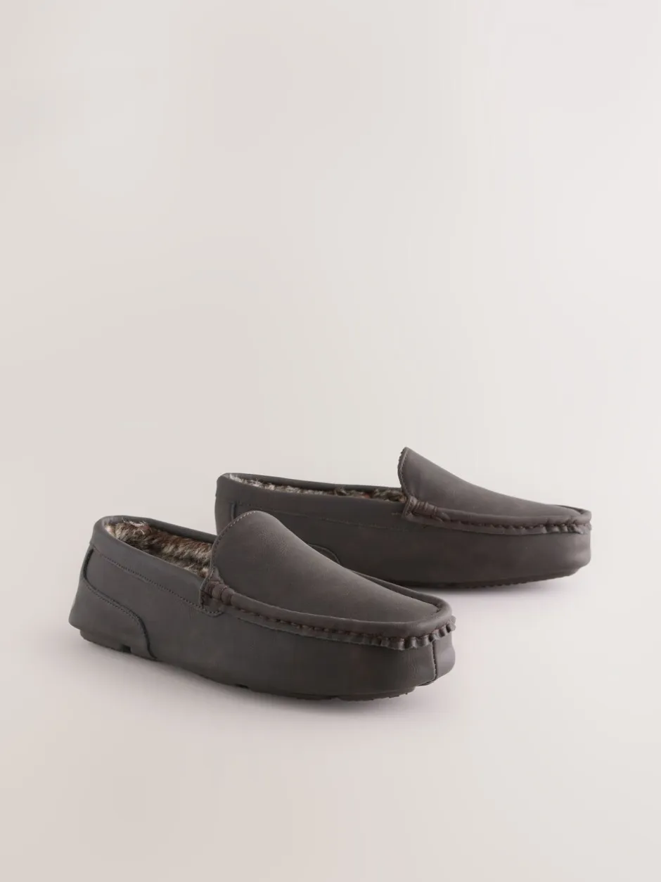 Pantoffels*Next - Moccasinpantoffels met voering van imitatiebont Bruin