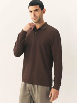 Poloshirts|T-Shirts En Hemden|Next Bruin - Normale Pasvorm - Piqué polo met lange mouwen