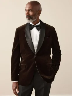 Smokings En Feestkleding*Next - Normale Pasvorm - Signature Pontoglio Italiaanse fluwelen blazer met sjaalkraag Bruin