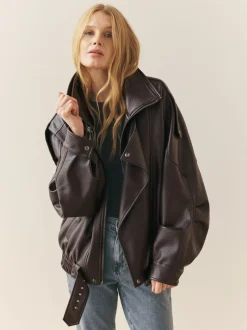 Jassen En Jacks|Nothing Ordinary - Faux Leather Funnel Collared Biker Jacket Bruin