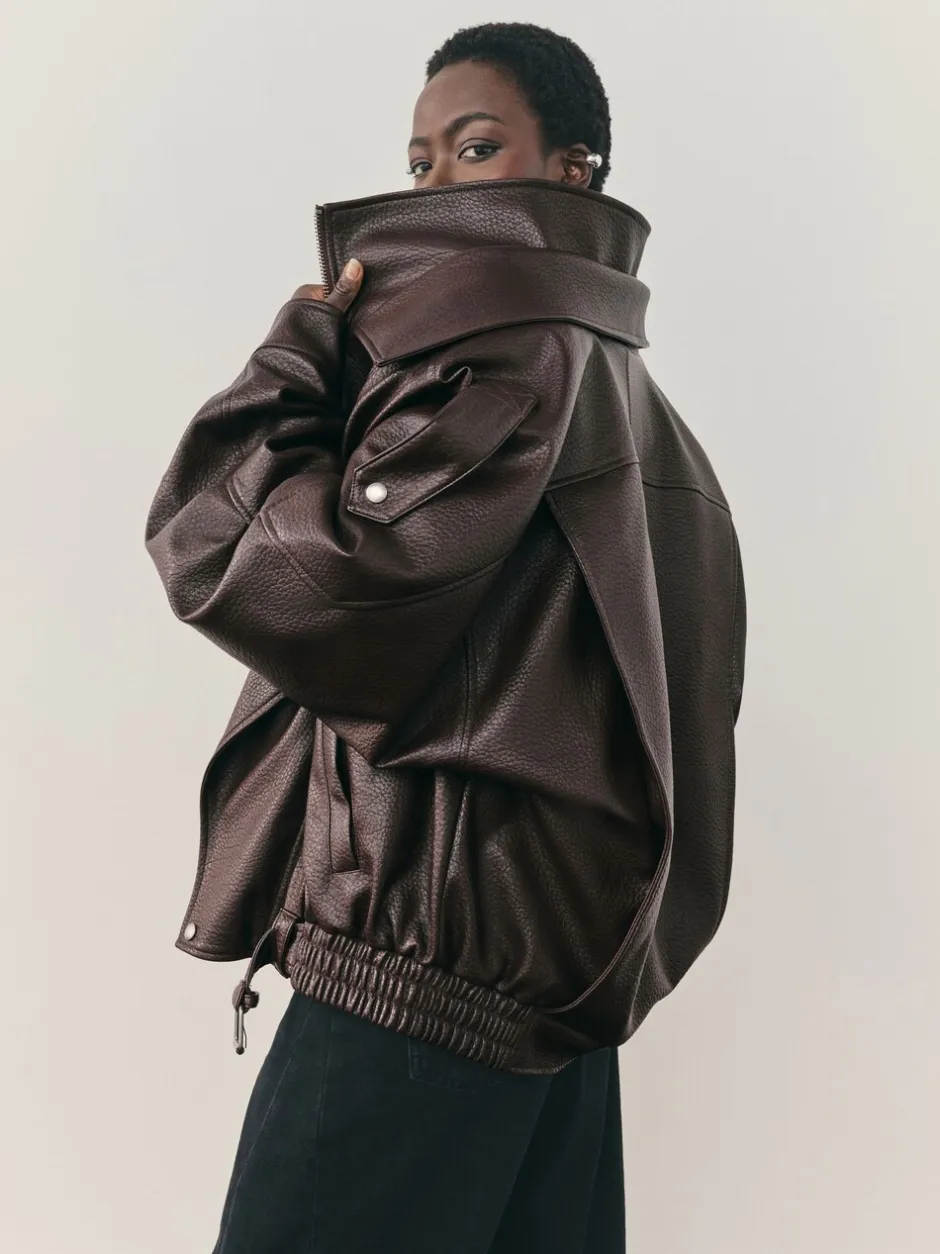 Jassen En Jacks|Nothing Ordinary - Faux Leather Funnel Collared Biker Jacket Bruin