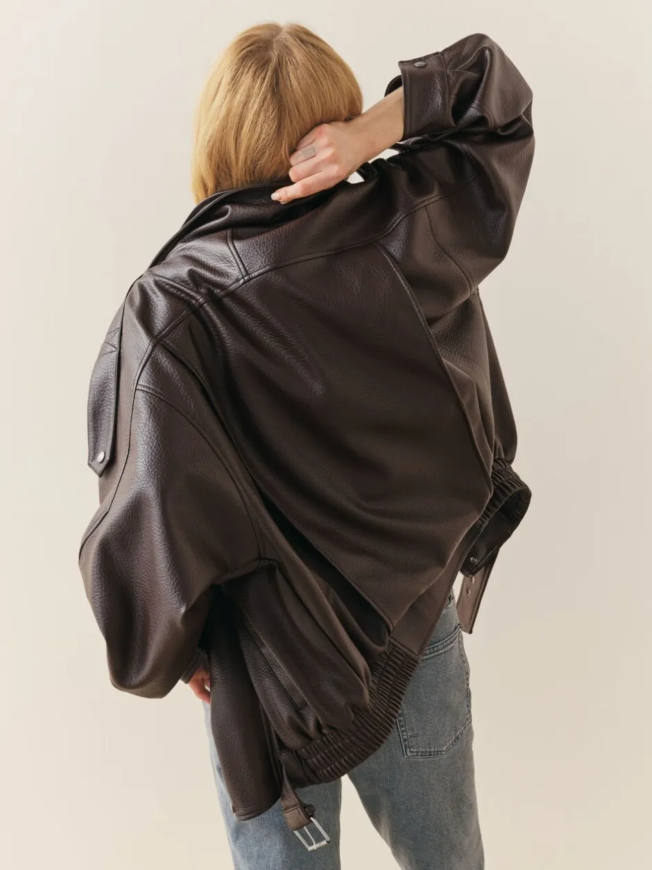 Jassen En Jacks|Nothing Ordinary - Faux Leather Funnel Collared Biker Jacket Bruin