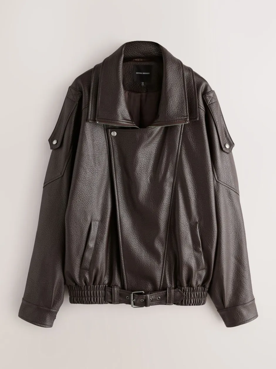 Jassen En Jacks|Nothing Ordinary - Faux Leather Funnel Collared Biker Jacket Bruin