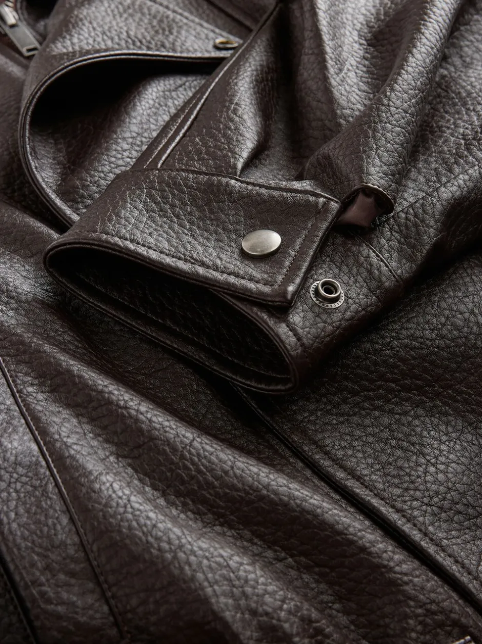 Jassen En Jacks|Nothing Ordinary - Faux Leather Funnel Collared Biker Jacket Bruin