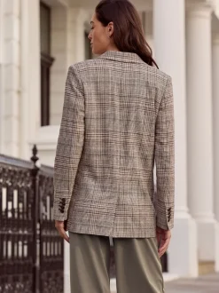 Kostuums En Werkkleding|Next Bruin - N.Premium Check Linen Rich Single Breasted Blazer