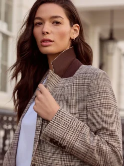 Kostuums En Werkkleding|Next Bruin - N.Premium Check Linen Rich Single Breasted Blazer