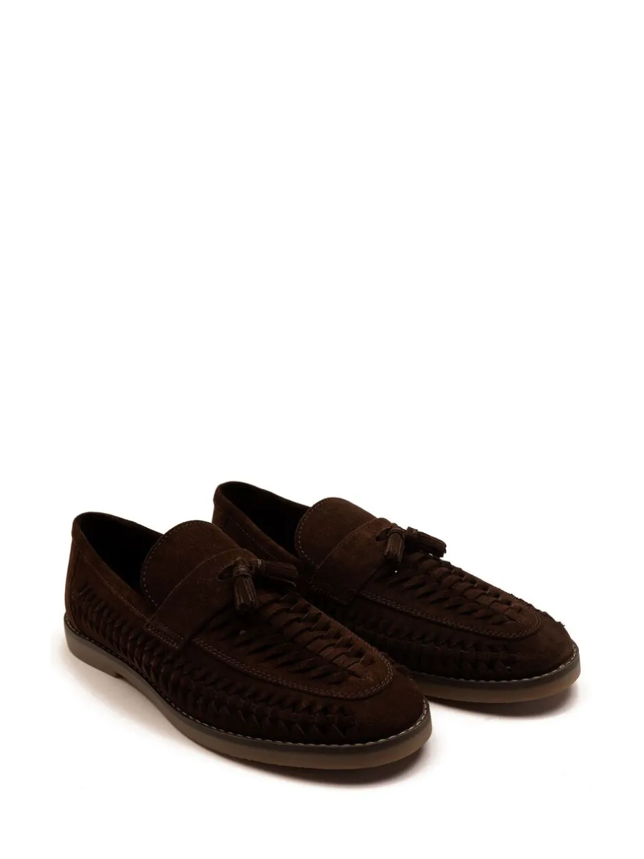 Schoenen|Off The Hook - Tiger Tassel Suede Leather Slip-On Loafers with Woven Detail Bruin