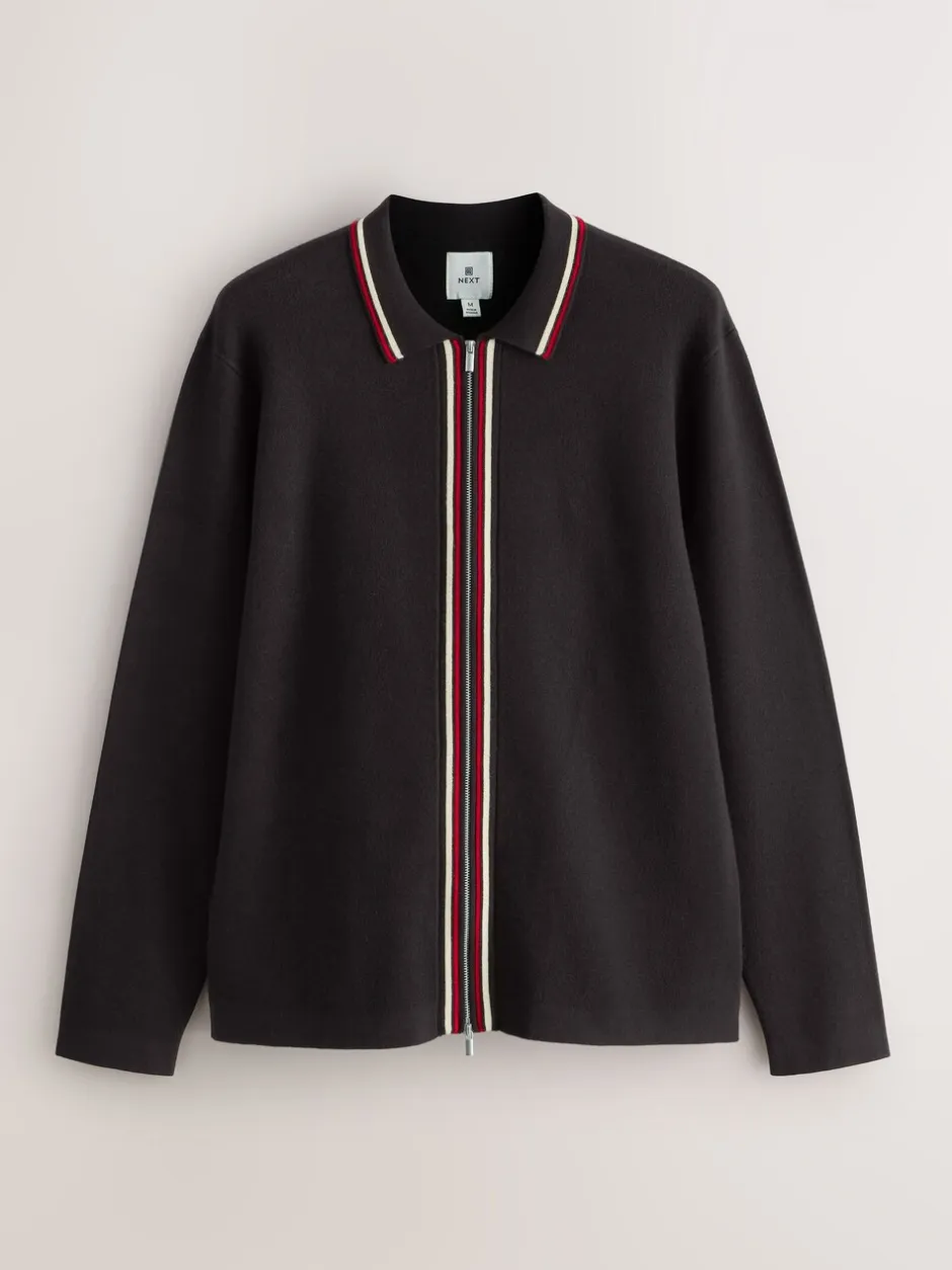 Gebreide Kleding*Next Bruin - Regular Fit Premium Mid Weight Tipped Zip Through Collared Cardigan
