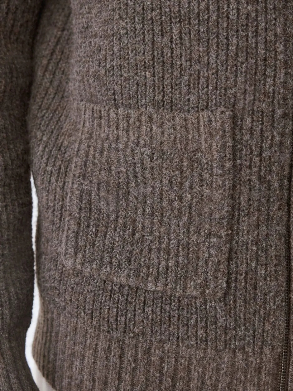 Gebreide Kleding|Next - Rib Texture Zip Through Cardigan with Wool Bruin