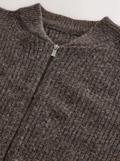 Gebreide Kleding|Next - Rib Texture Zip Through Cardigan with Wool Bruin