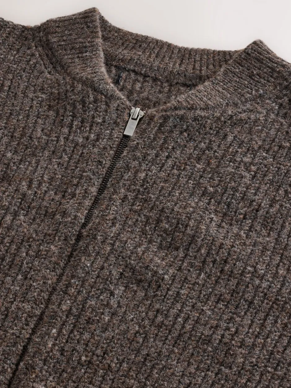 Gebreide Kleding|Next - Rib Texture Zip Through Cardigan with Wool Bruin