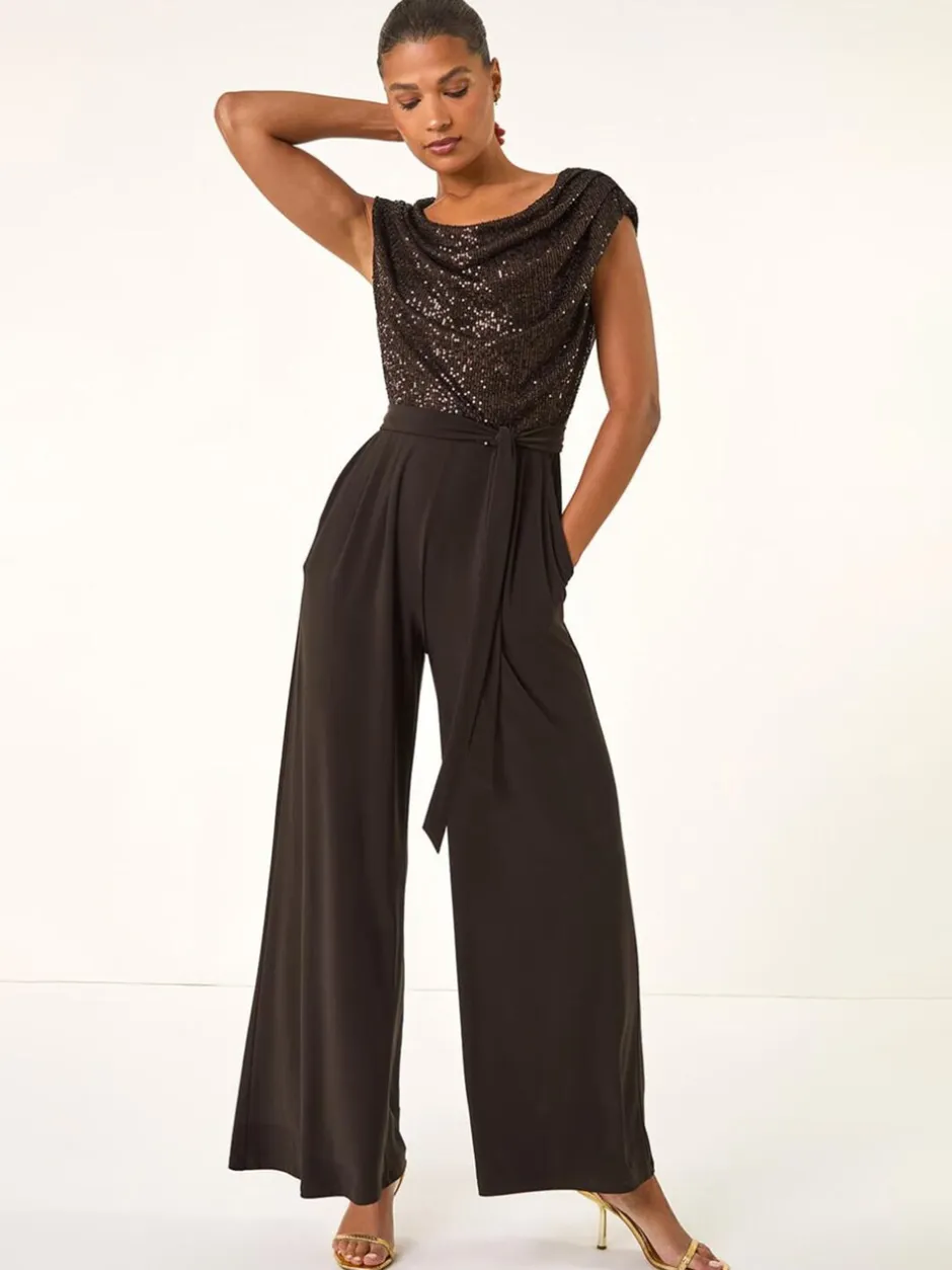 Jumpsuits En Playsuits|Roman - Paillettenlijfje met Watervalhals Jumpsuit Bruin