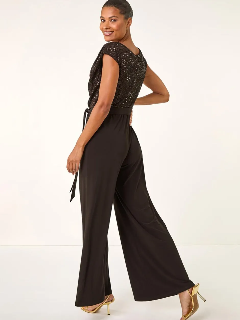 Jumpsuits En Playsuits|Roman - Paillettenlijfje met Watervalhals Jumpsuit Bruin