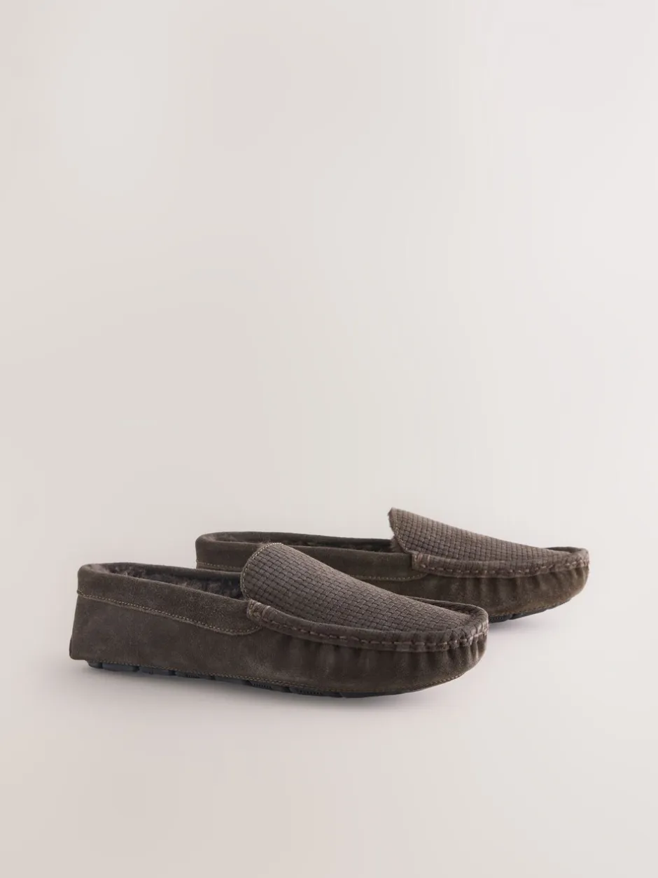 Pantoffels|Next - Suède mocassinpantoffels met voering van imitatiebont Bruin