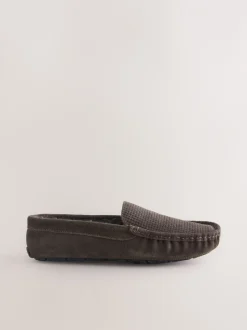 Pantoffels|Next - Suède mocassinpantoffels met voering van imitatiebont Bruin