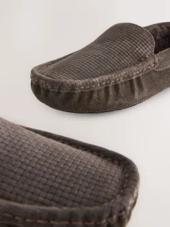 Pantoffels|Next - Suède mocassinpantoffels met voering van imitatiebont Bruin