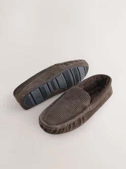 Pantoffels|Next - Suède mocassinpantoffels met voering van imitatiebont Bruin