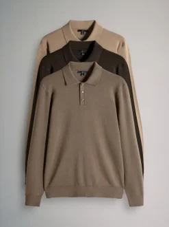 Gebreide Kleding|The Set - 3 Pack Gebreide Polo Truien met Lange Mouwen Bruin