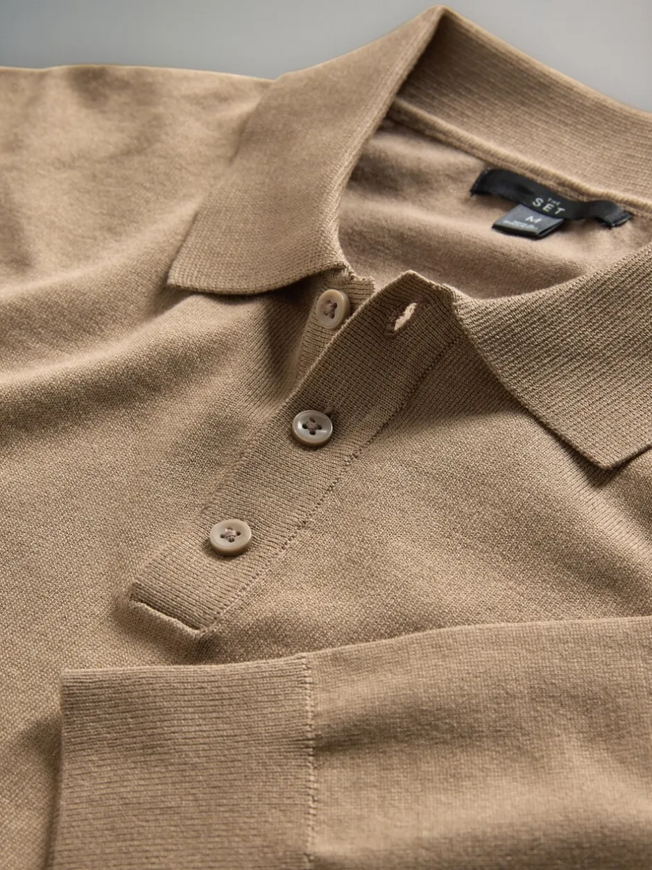 Gebreide Kleding|The Set - 3 Pack Gebreide Polo Truien met Lange Mouwen Bruin