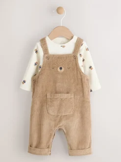Rompertjes En Tuinbroeken|Sets En Outfits*Next Bruin met bruine beer - Corduroy bretelbroeken en Bodysuit set (0mnd-2jr)